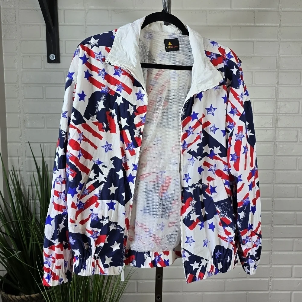 Vintage Liz Sport Patriotic Stars And Stripes Print Jacket Oversized Medium